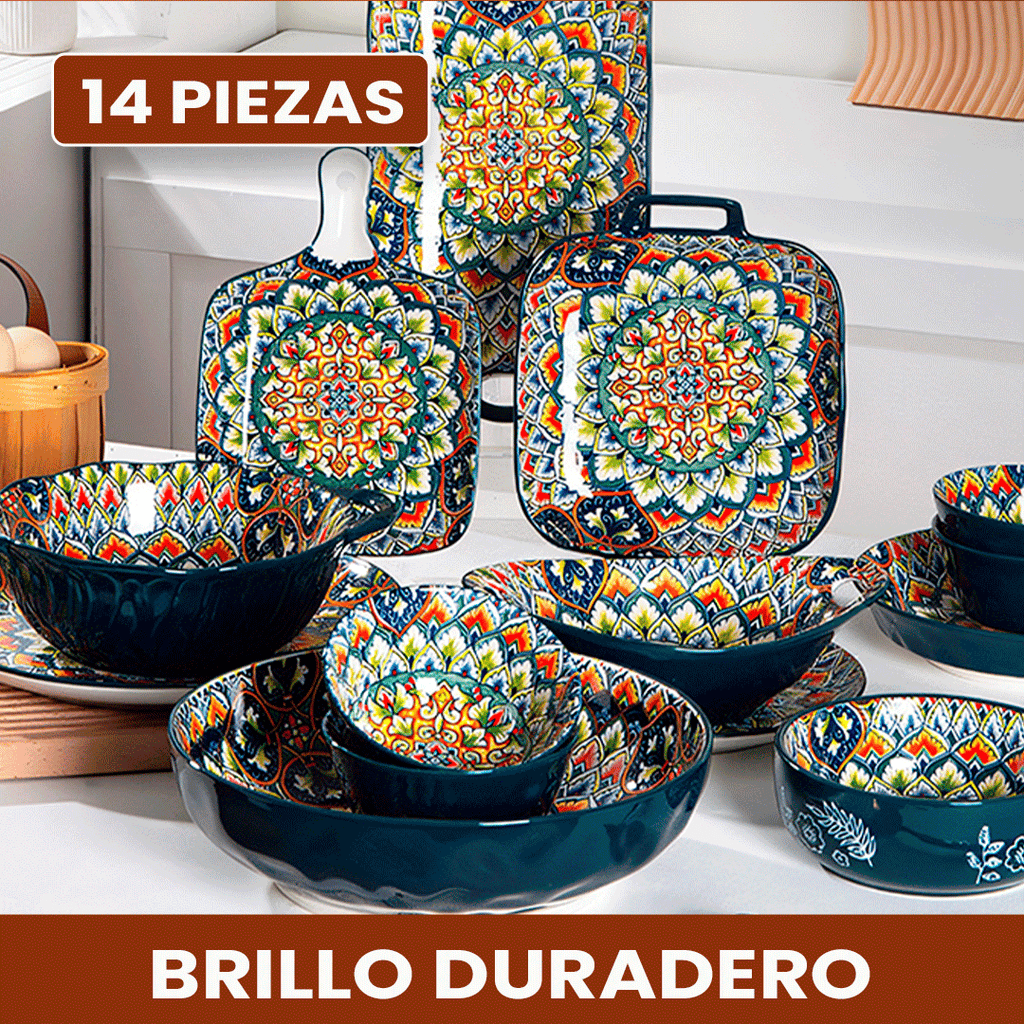 Juego de Comedor Completo en Cerámica – 14 Piezas con Estampa Elegante y Estilo Atemporal